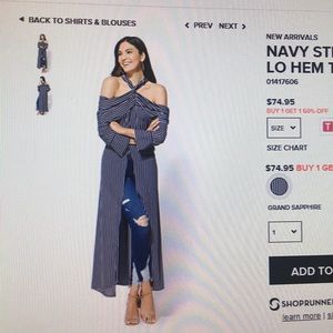 Long navy and white striped blouse